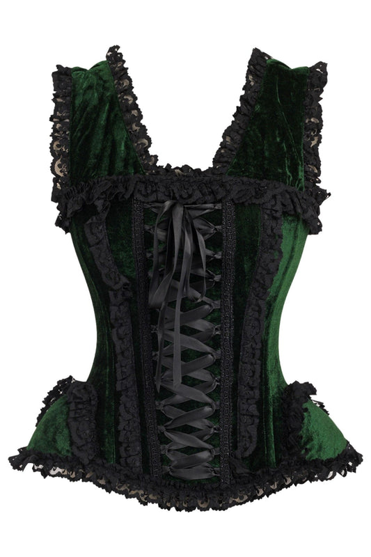 Top Drawer Dark Green Velvet and Lace Steel Boned Corset by Daisy Corsets in Size S, M, L, XL, 2X, 3X, 4X, 5X, or 6X