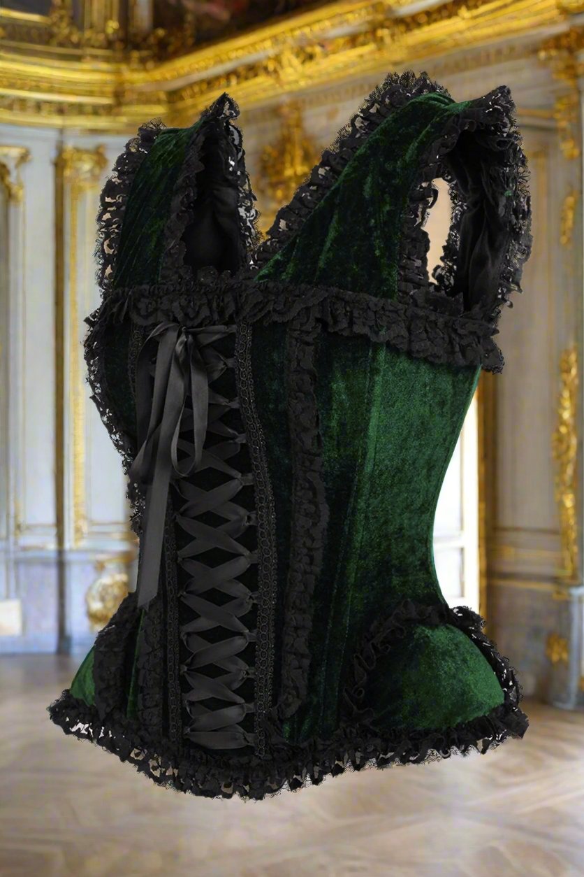 Dark Green Velvet and Lace Steel Boned Corset