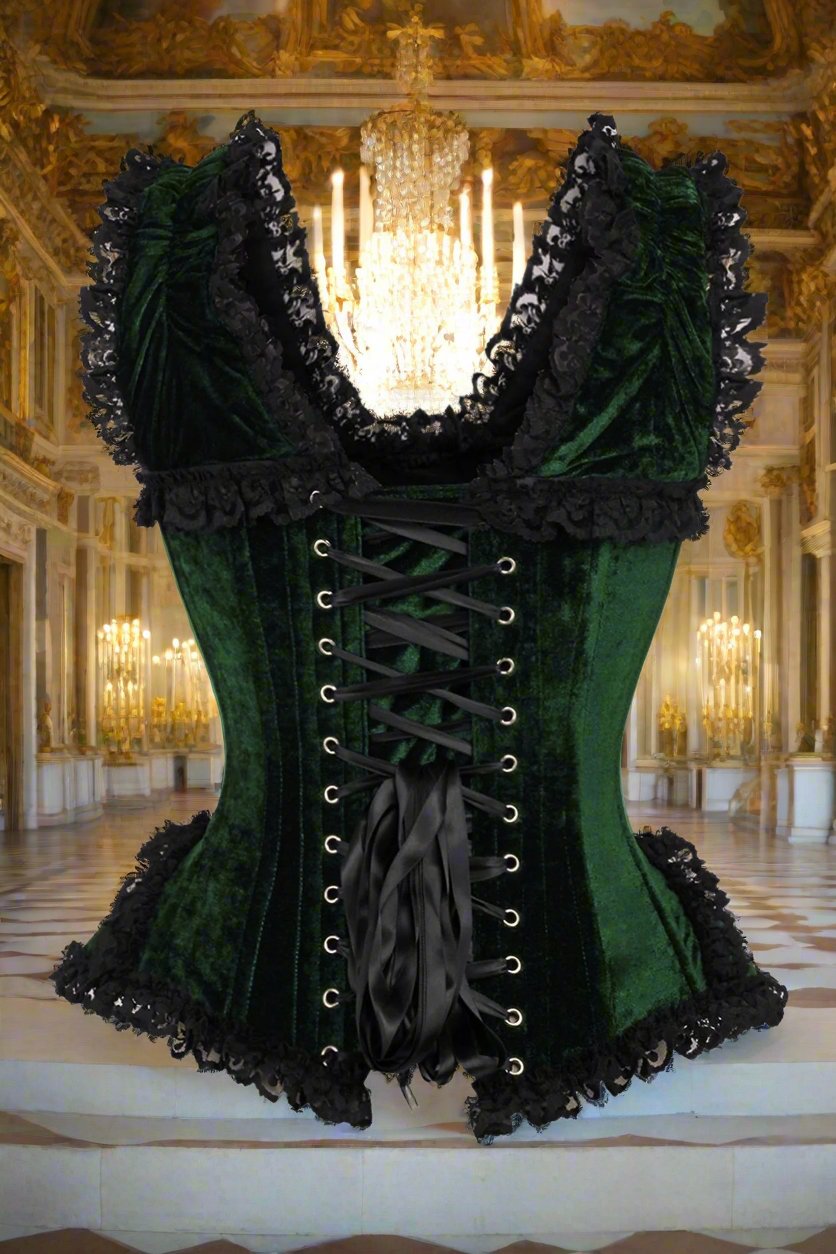 Dark Green Velvet and Lace Steel Boned Corset