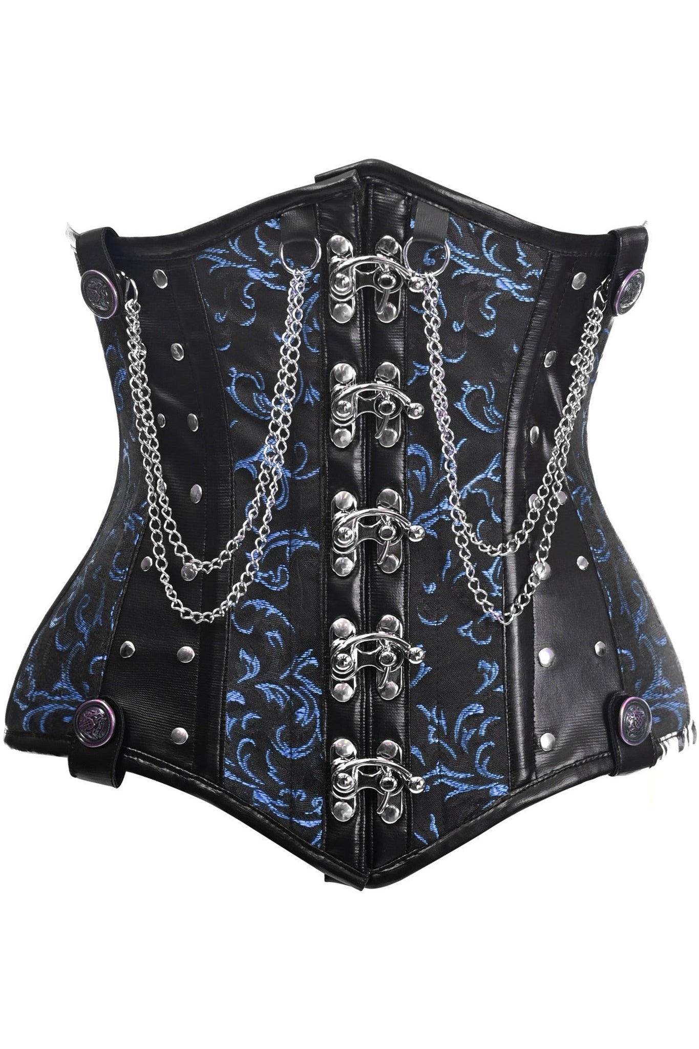 Black and Blue Steel Boned Underbust Corset with Chains and Clasps