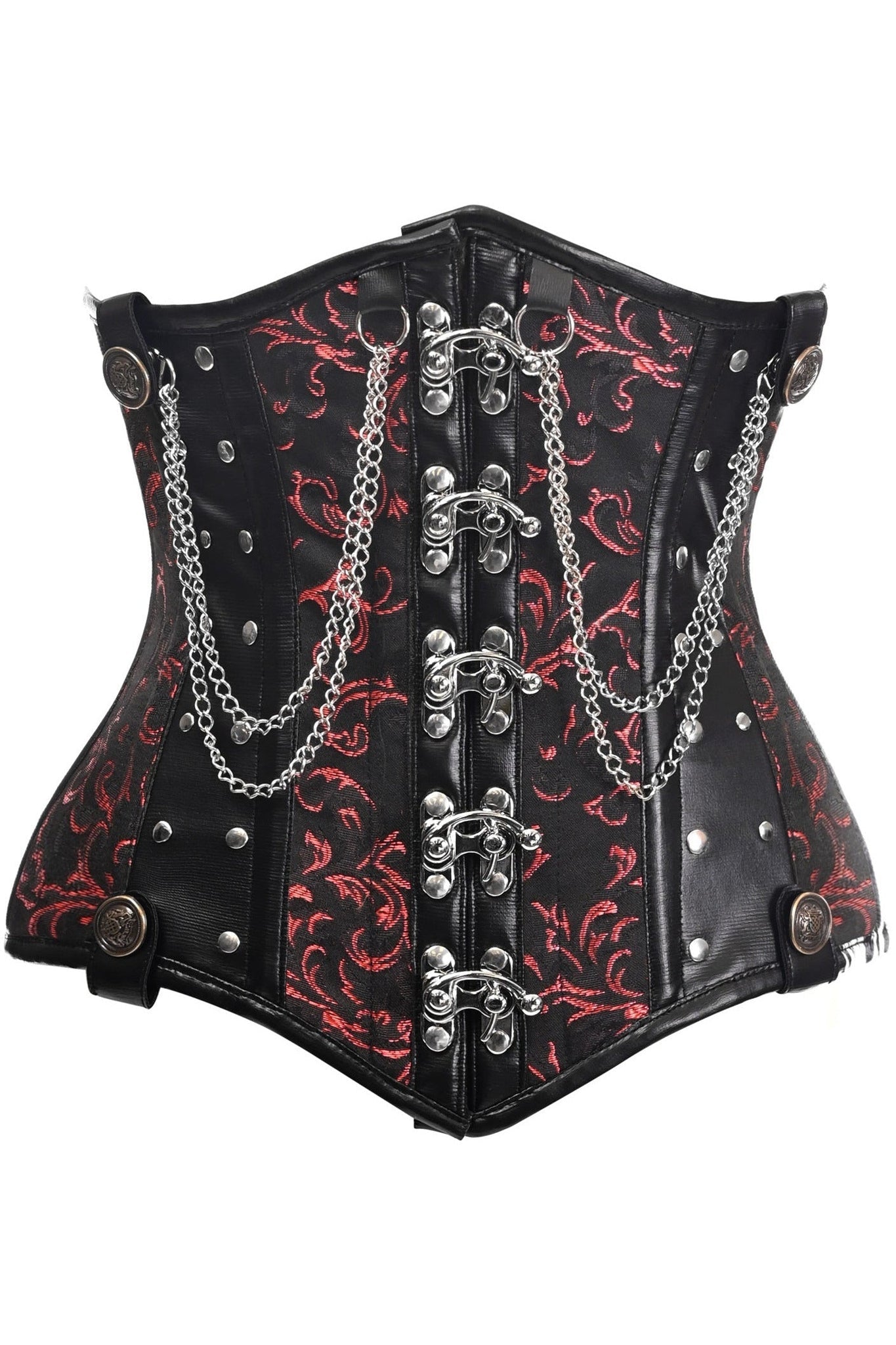 Black and Red Steel Boned Underbust Corset with Chains and Clasps
