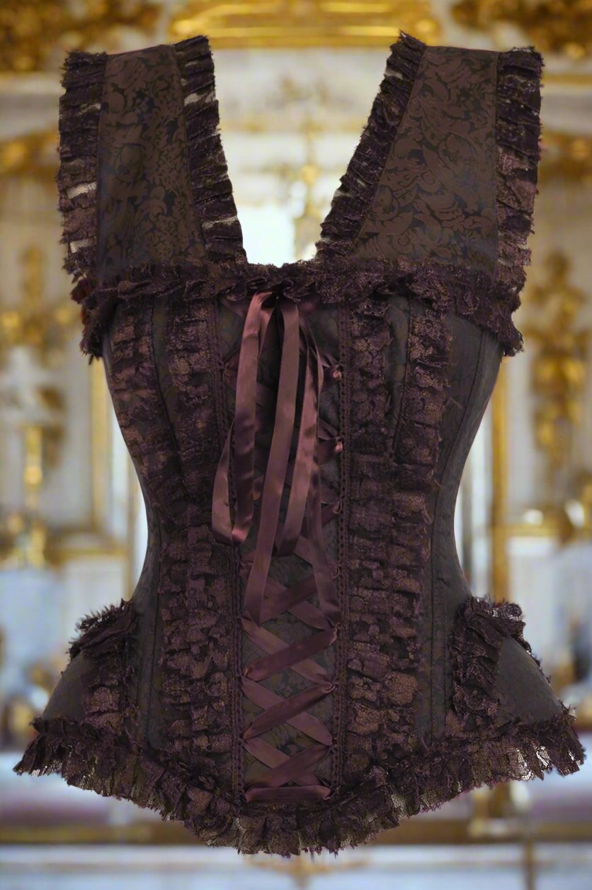 Brown Swirl Brocade and Lace Steel Boned Corset