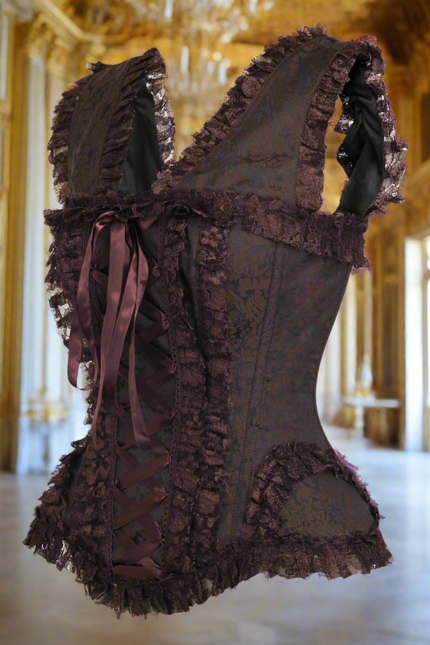 Brown Swirl Brocade and Lace Steel Boned Corset