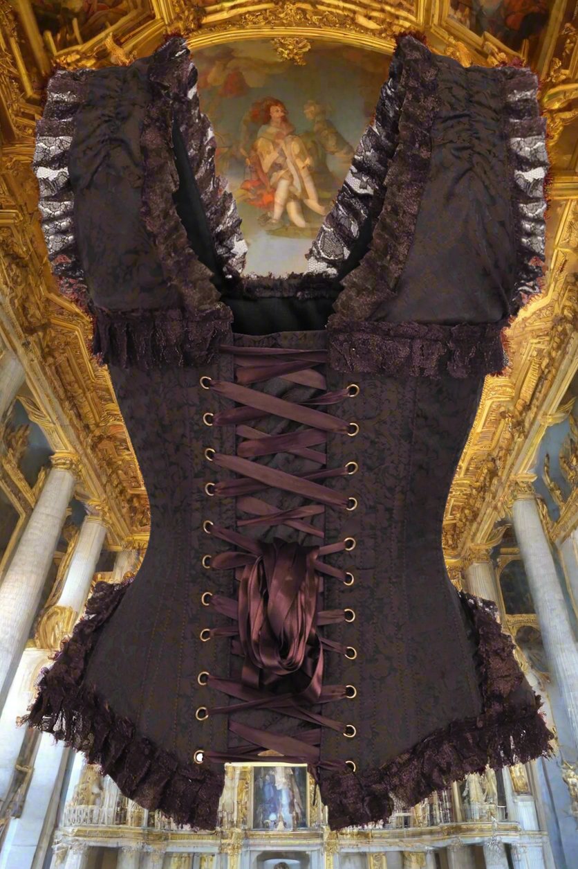 Brown Swirl Brocade and Lace Steel Boned Corset