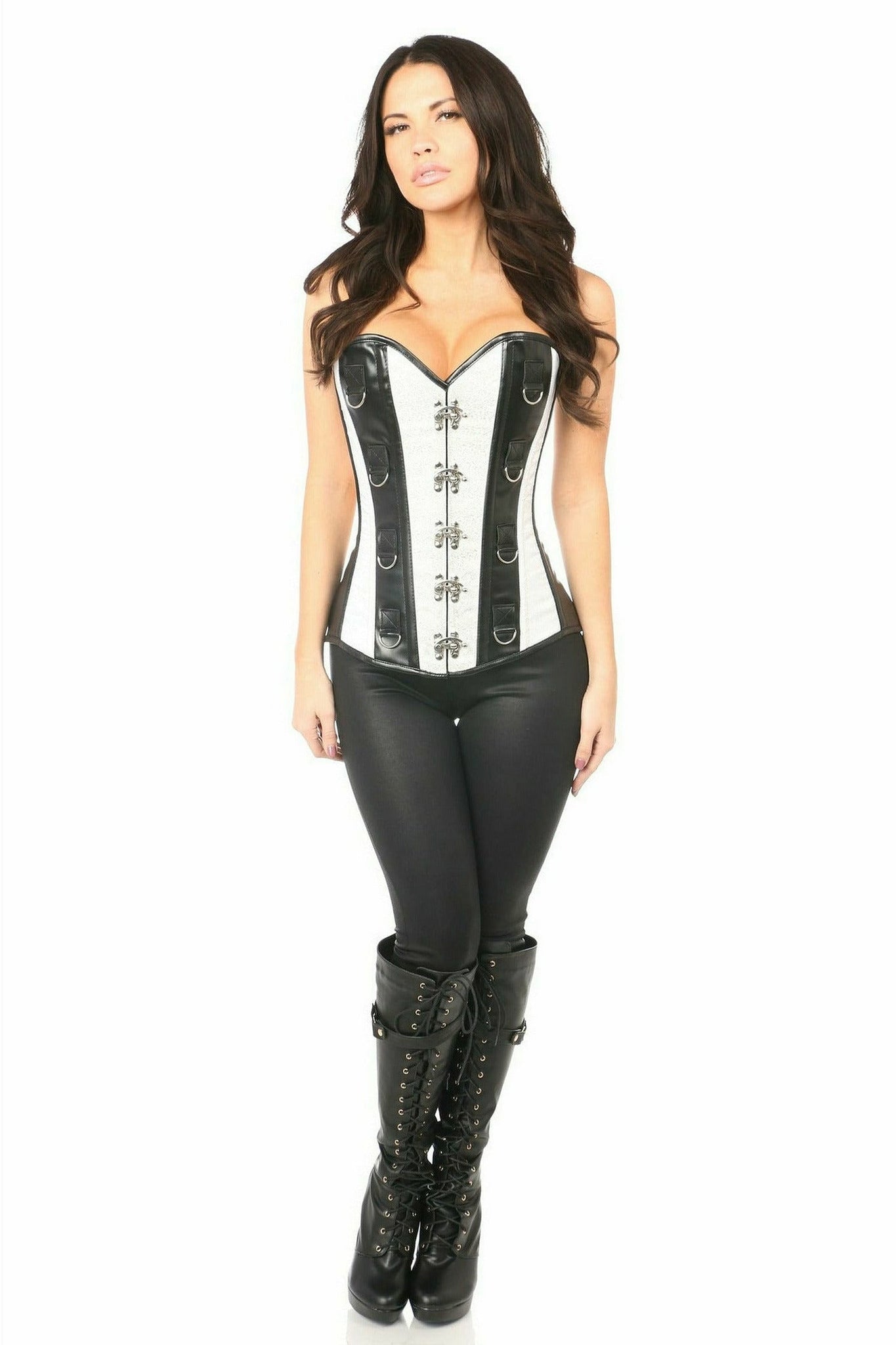 Top Drawer White Brocade and Faux Leather Steel Boned Corset by Daisy Corsets in Size S, M, L, XL, 2X, 3X, 4X, 5X, or 6X