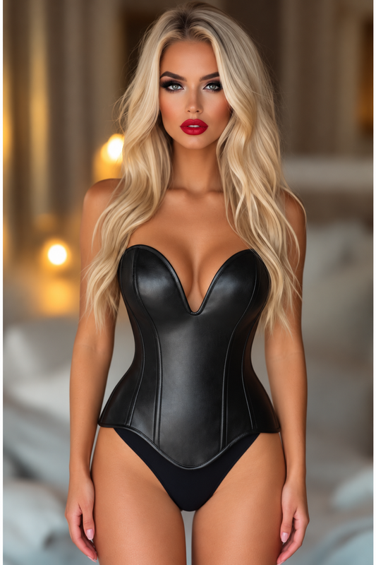 Top Drawer Steel Boned Black Faux Leather Plunge Neckline Overbust Corset