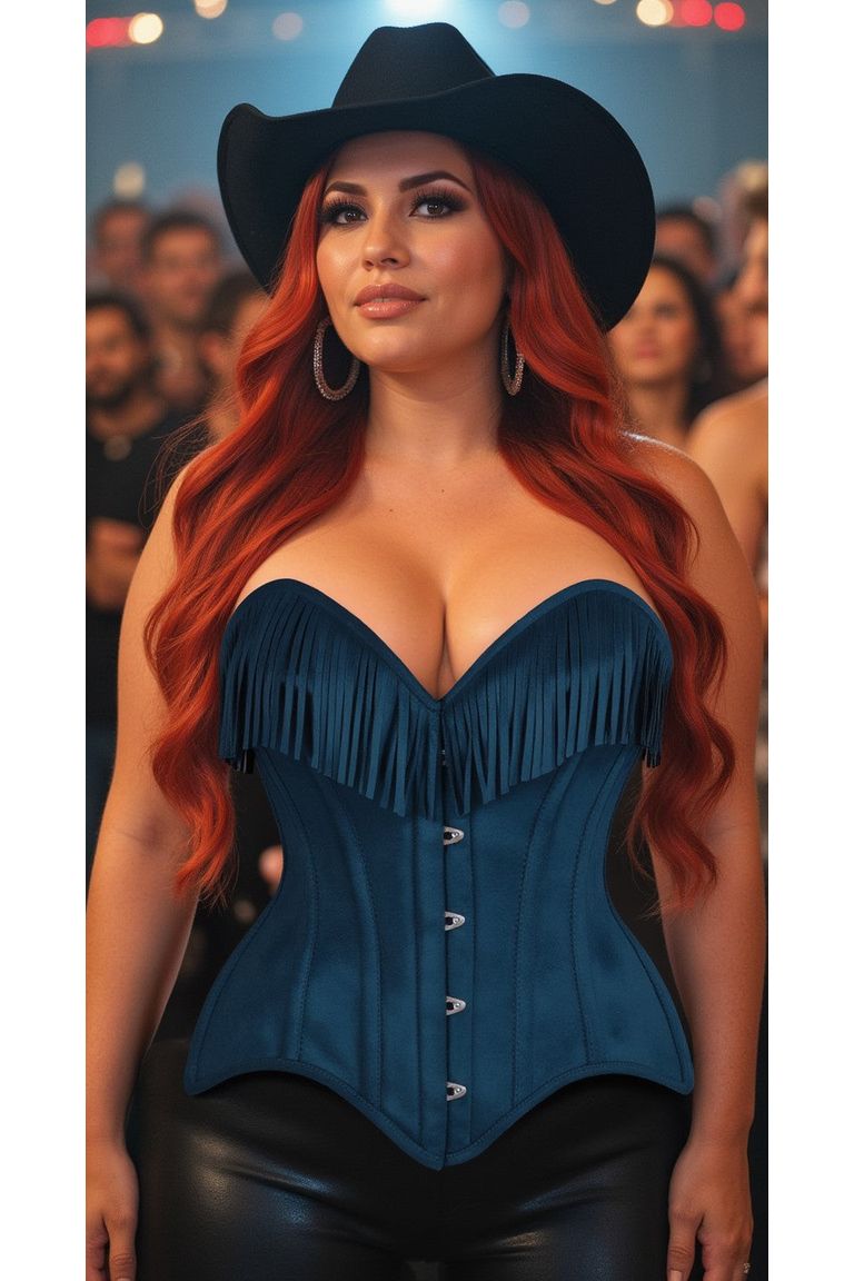 Blue Suede Steel Boned Over Bust Corset