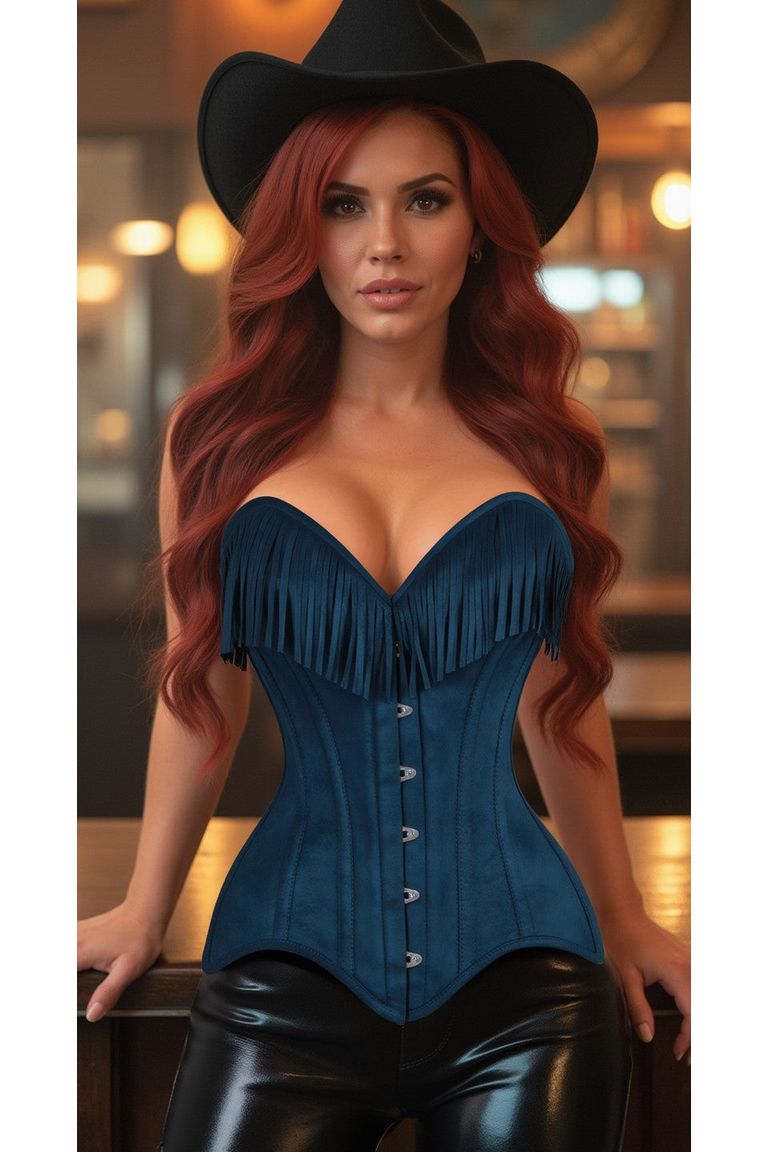 Blue Suede Steel Boned Over Bust Corset