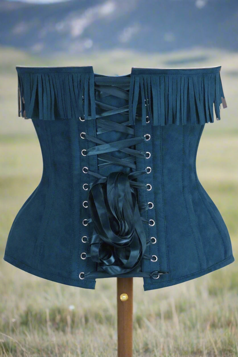 Blue Suede Steel Boned Over Bust Corset