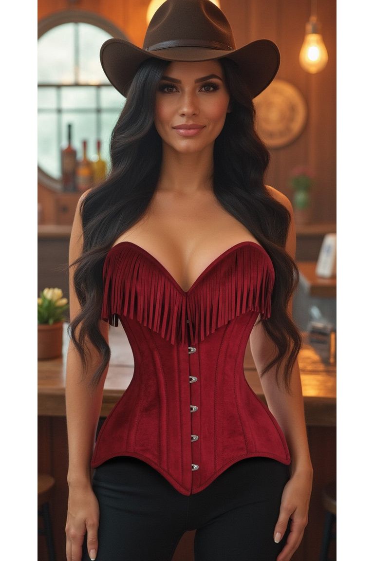 Red Suede Steel Boned Over Bust Corset