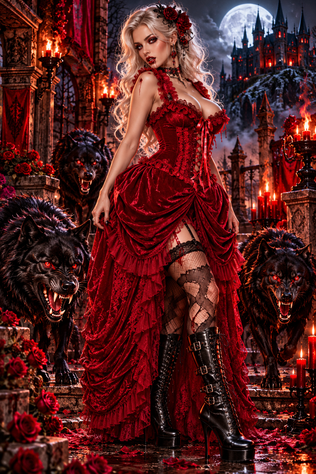 Dark Red Velvet Victorian Bustle Corset Vampire Dress
