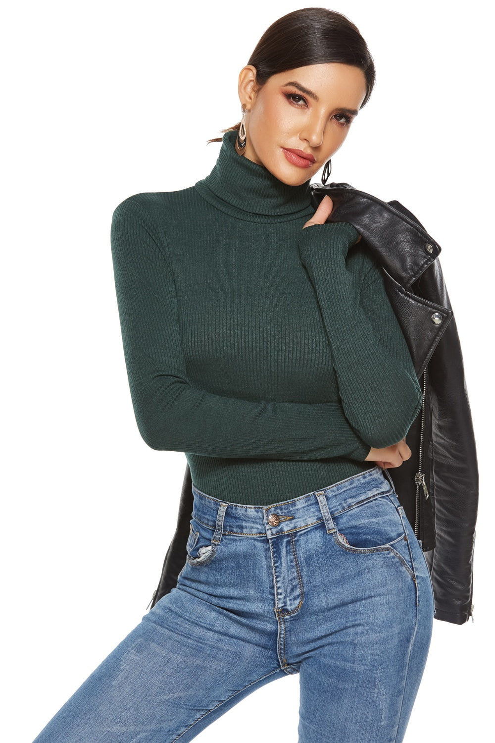 Ribbed Turtleneck Long Sleeve Bodysuit Dark Green