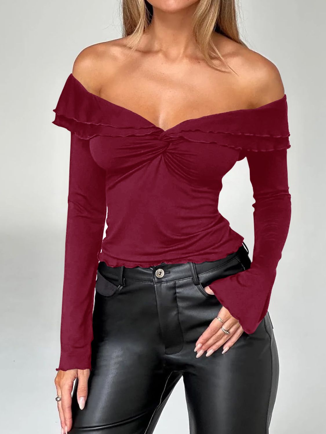 Devine Twisted Ruffled Off-Shoulder Long Sleeve T-Shirt Rust