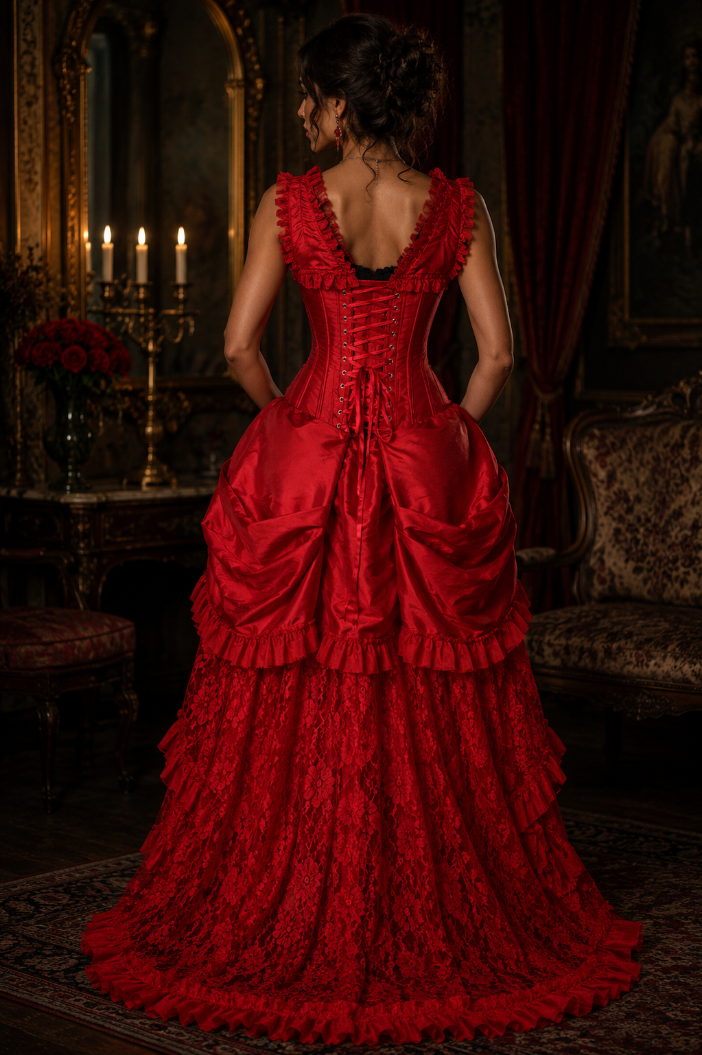 Red Lace Victorian Bustle Corset Dress