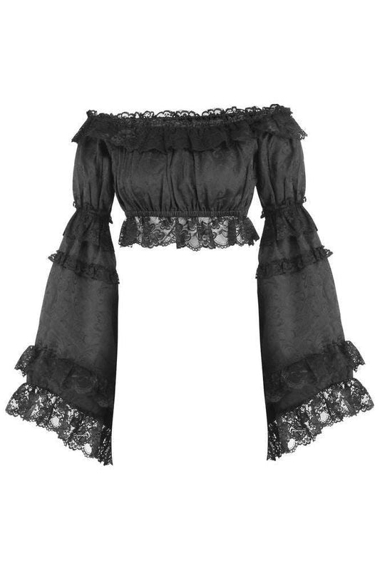 Black Brocade Smocked Flare Sleeve Peasant Top