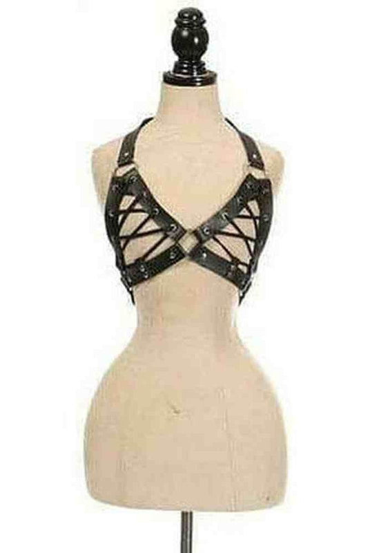 Black Faux Leather Lace-Up Bra Top - Black