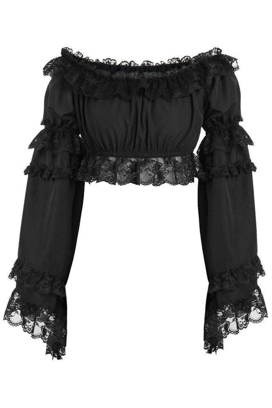 Black Smocked Flare Sleeve Peasant Top