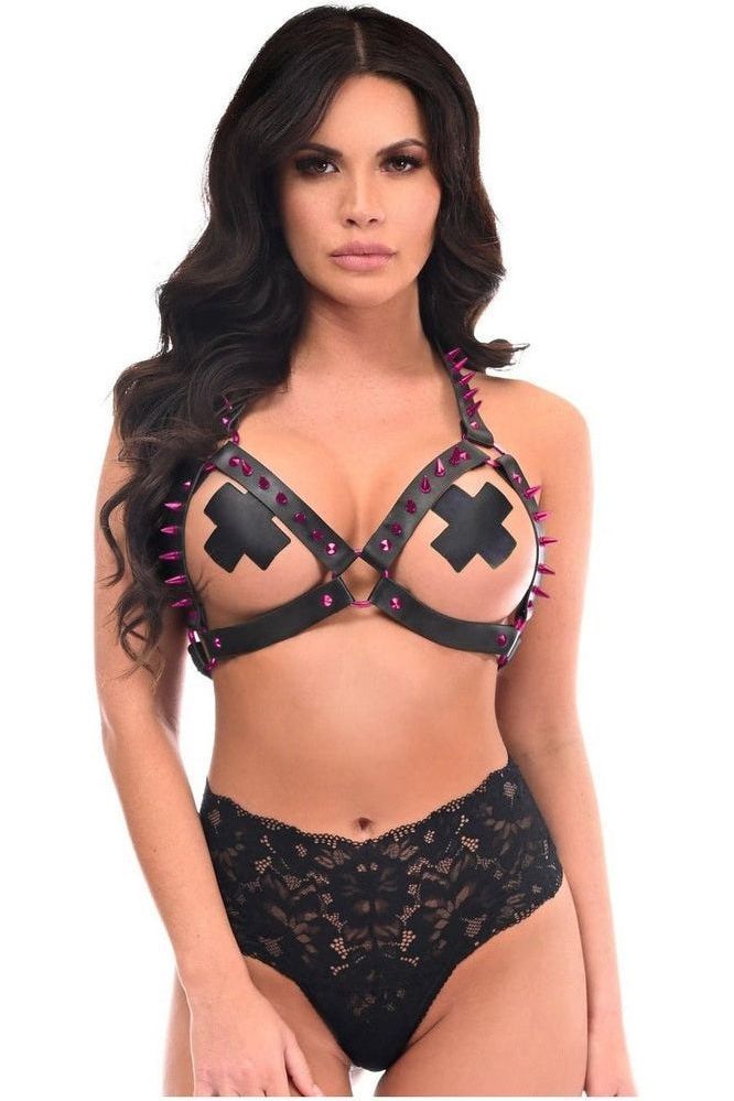 Black Vegan Leather & Pink Metallic Spikes Body Harness - Daisy Corsets