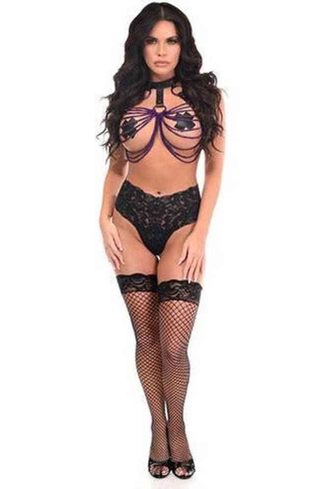 Black Vegan Leather & Purple Metallic Chains Body Harness - Daisy Corsets