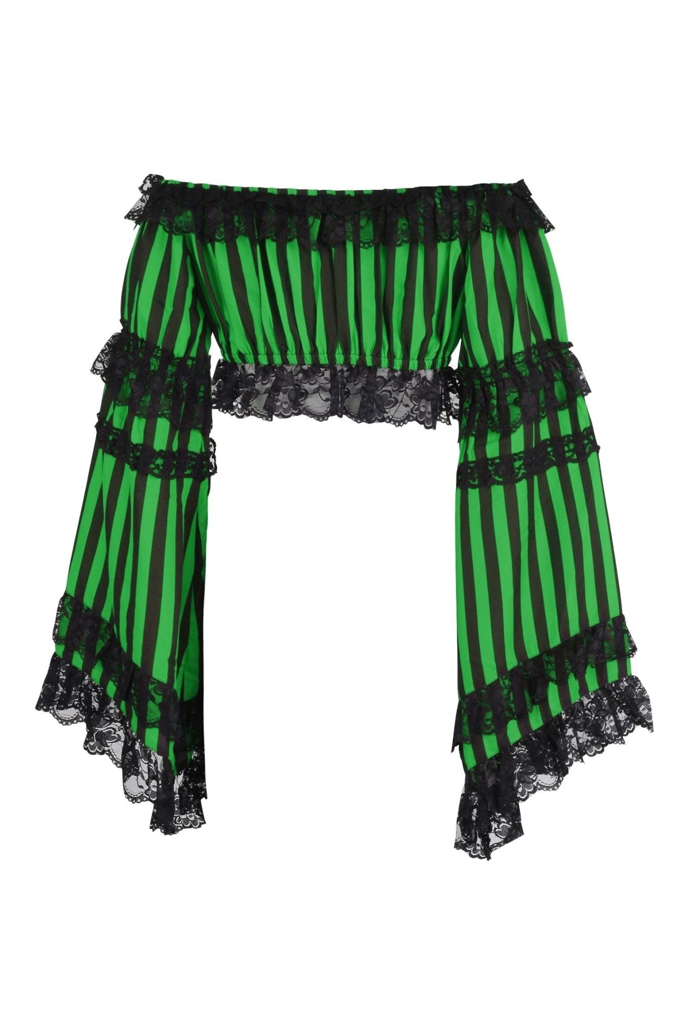 Black/Green Striped Smocked Flare Sleeve Peasant Top - Daisy Corsets