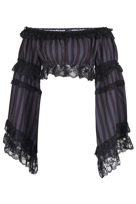 Black/Grey Striped Smocked Flare Sleeve Peasant Top