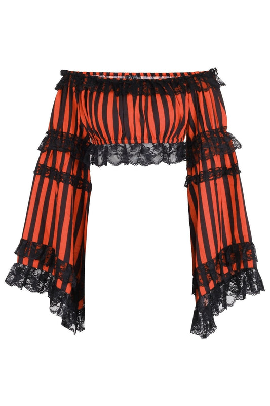 Black/Orange Striped Smocked Flare Sleeve Peasant Top
