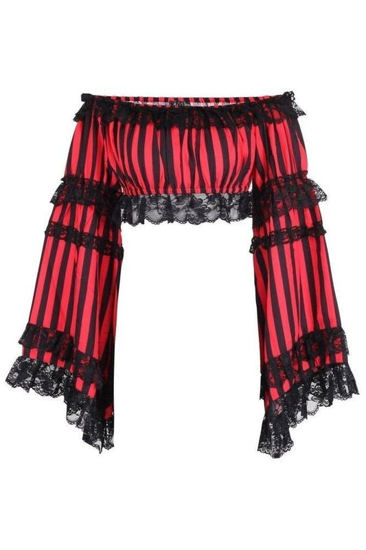 Black/Red Striped Smocked Flare Sleeve Peasant Top