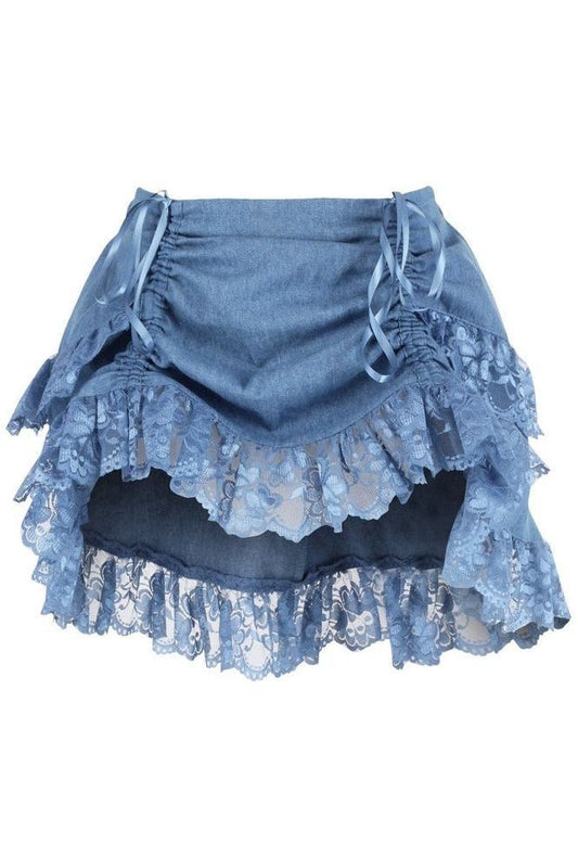 Blue Denim Ruched Bustle Skirt w/Lace
