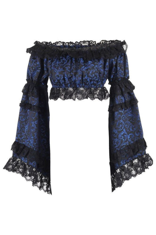 Blue/Black Brocade Smocked Flare Sleeve Peasant Top