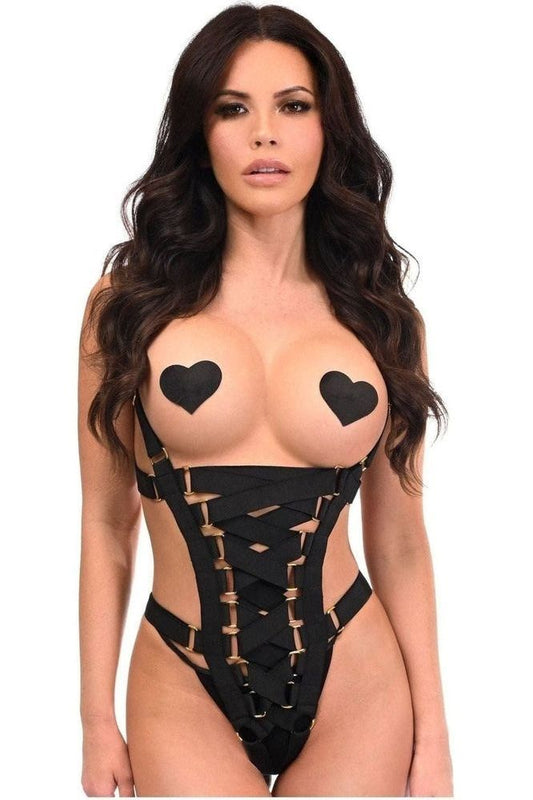 BOXED Black Stretchy Body Harness Bodysuit w/Gold Hardware