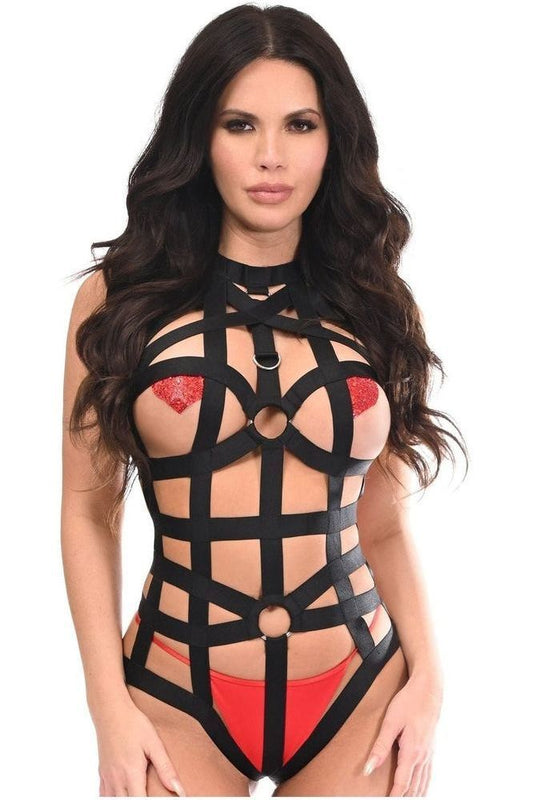 BOXED Black Stretchy Body Harness Bodysuit w/Silver Hardware