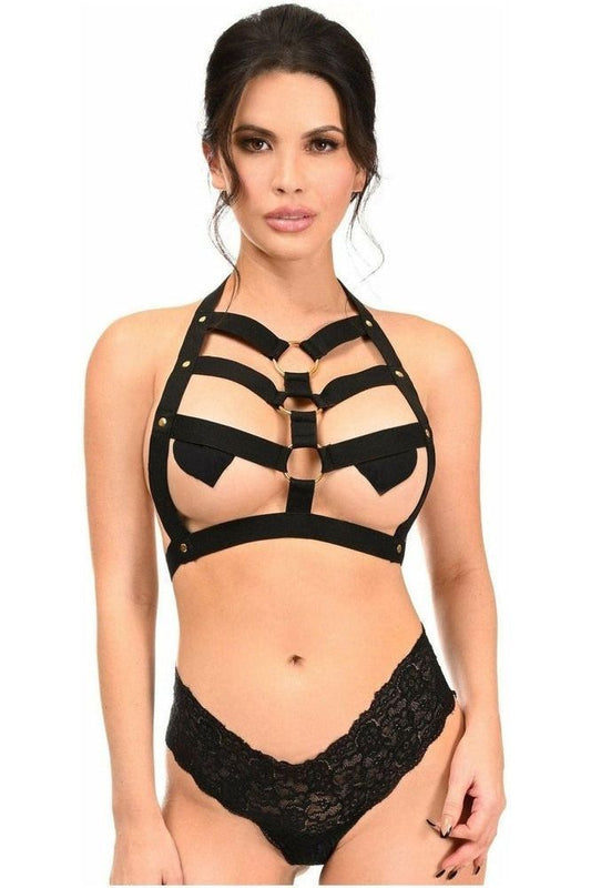 BOXED Black Stretchy Body Harness w/Gold Hardware