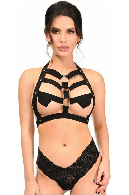 BOXED Black Stretchy Body Harness w/Silver Hardware