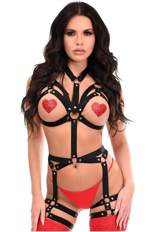 BOXED Black Stretchy Elastic Harness Bodysuit w/Silver Hardware