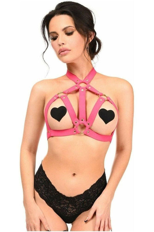 BOXED Hot Pink Stretchy Body Harness w/Gold Hardware