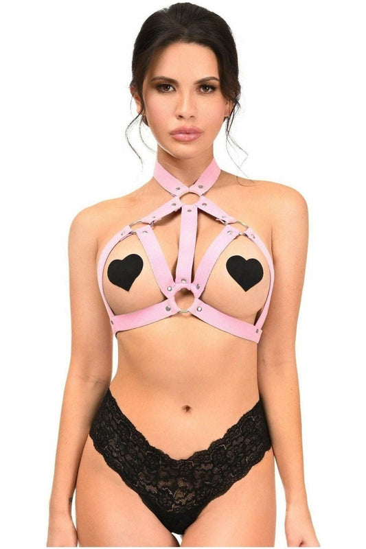 BOXED Lt Pink Stretchy Body Harness w/Silver Hardware