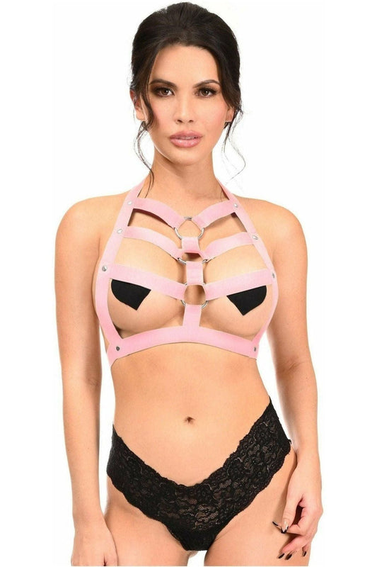 BOXED Lt Pink Stretchy Body Harness w/Silver Hardware