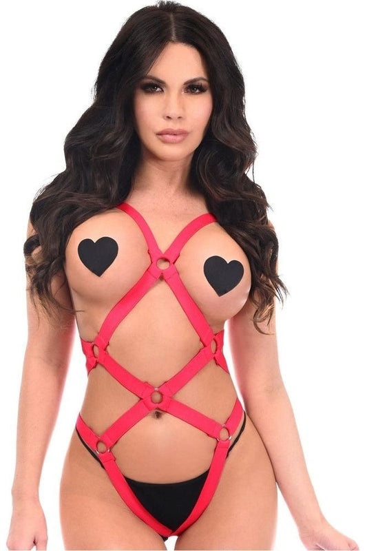 BOXED Red Stretchy Body Harness Bodysuit w/Silver Hardware