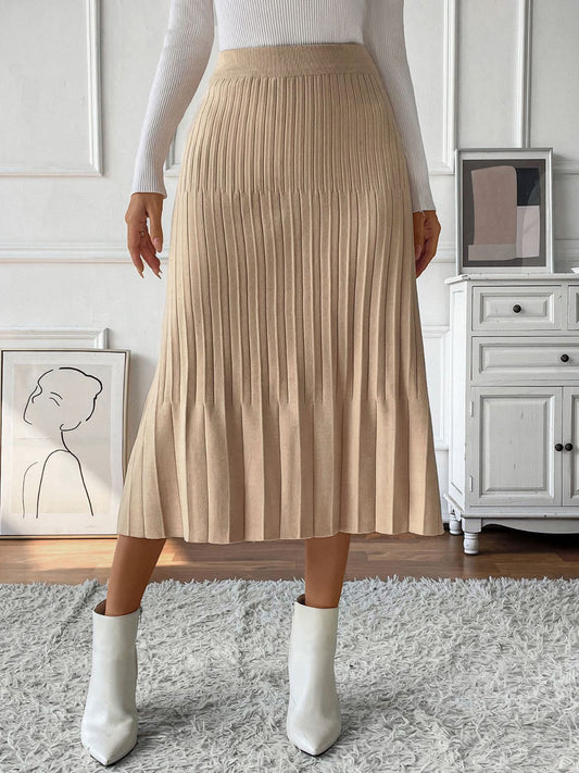 Perfee Pleated Midi Sweater Skirt Tan