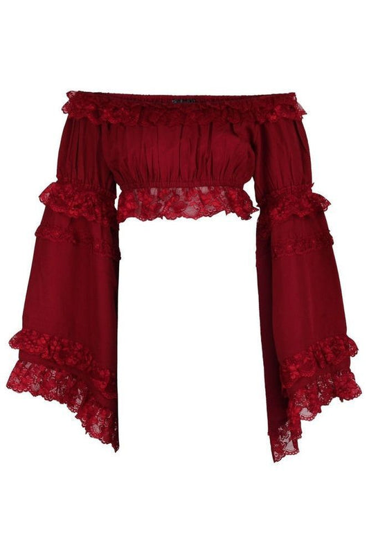 Dark Red Smocked Flare Sleeve Peasant Top