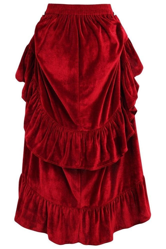 Dark Red Velvet Adjustable High Low Bustle Skirt - Daisy Corsets