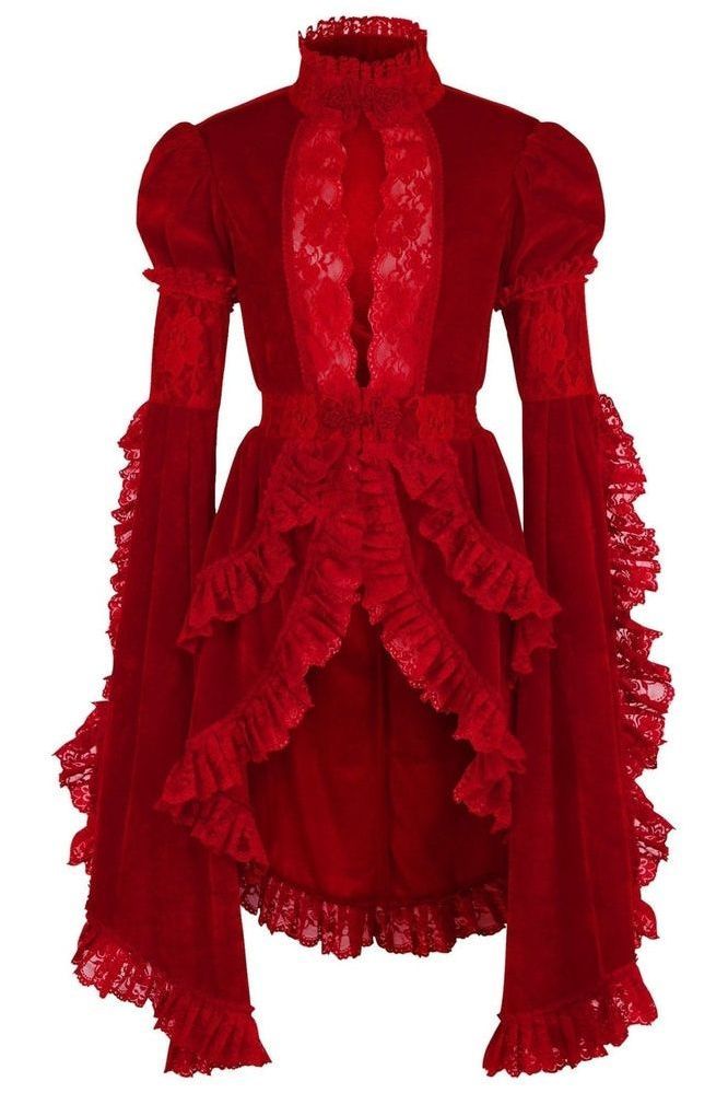 Dark Red Velvet and Lace Ruffled Jacket