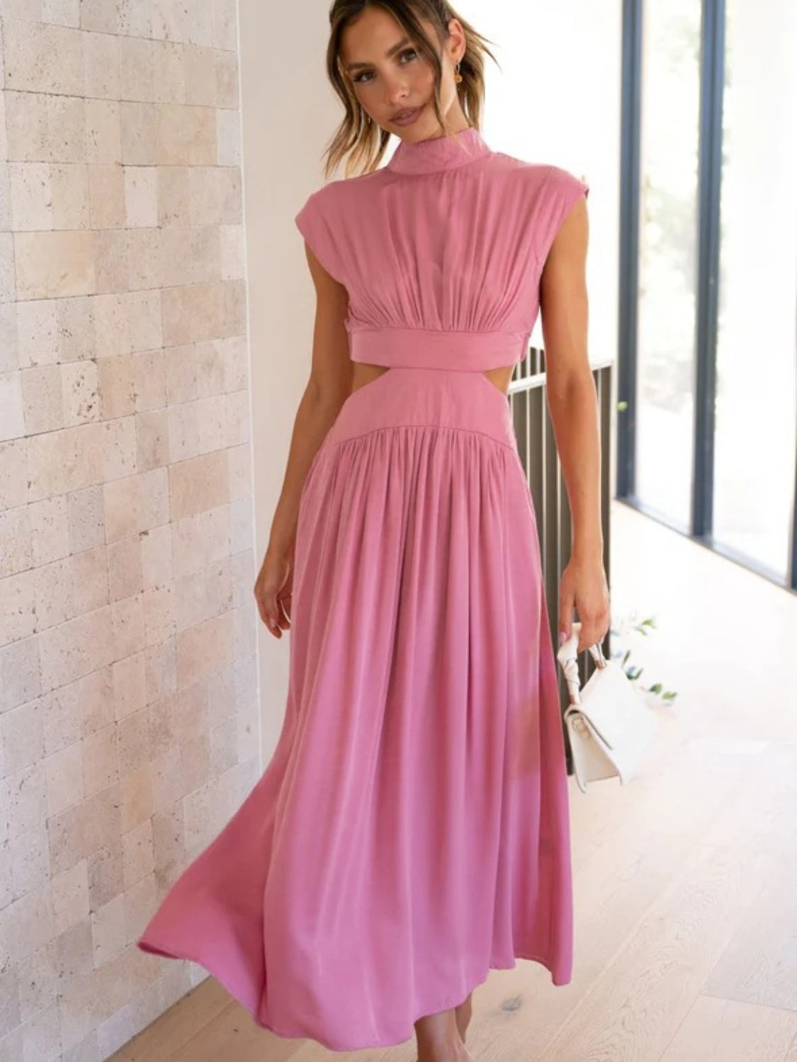 Cutout Mock Neck Sleeveless Ruched Dress Pink