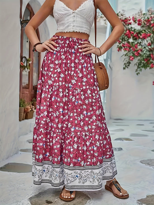 Full Size Tiered Printed Elastic Waist Skirt Cerise