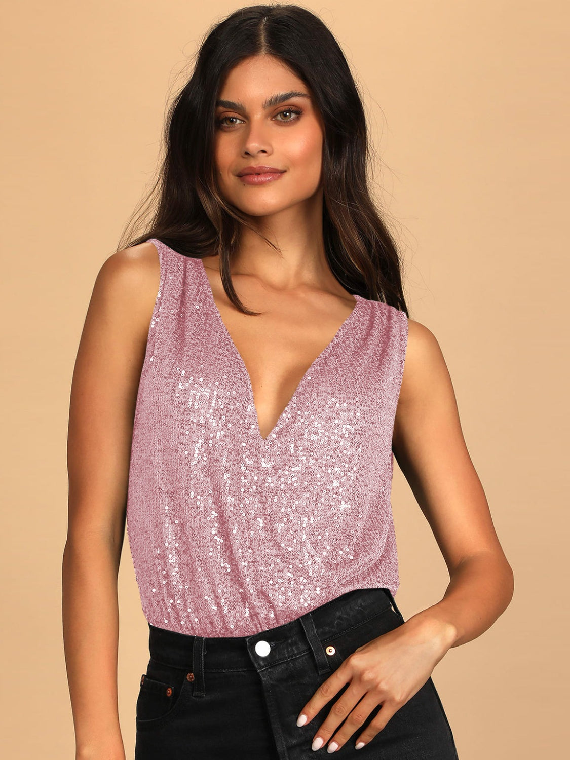 Sequin Surplice Sleeveless Bodysuit Pink