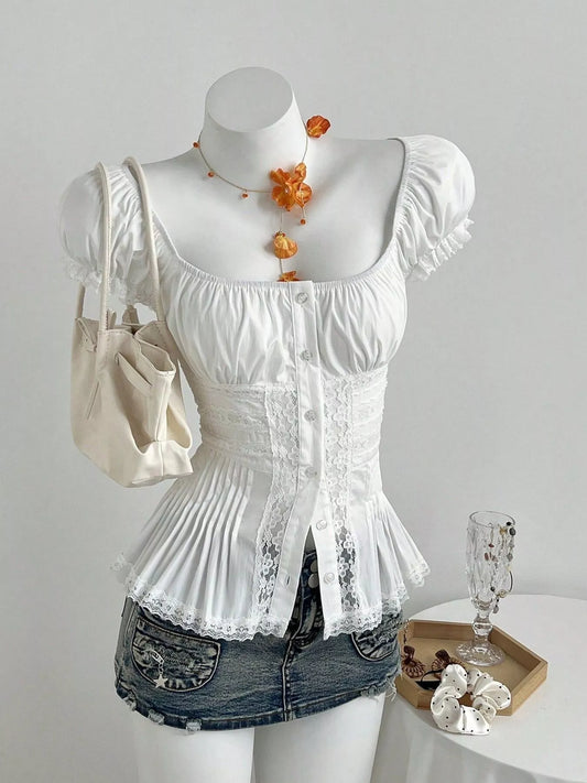 Lace Button Up Short Sleeve Shirt White
