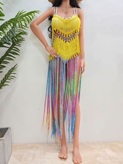 Fringe Scoop Neck Spaghetti Strap Cover-Up Chartreuse One Size