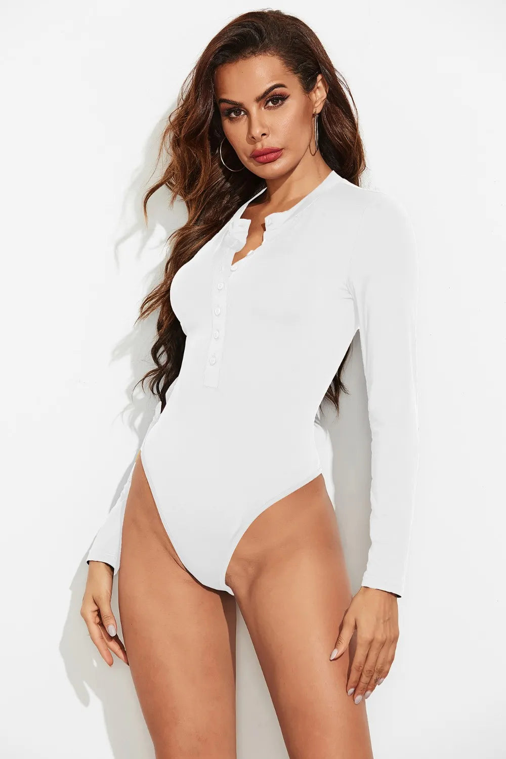 Half Button Round Neck Long Sleeve Bodysuit White