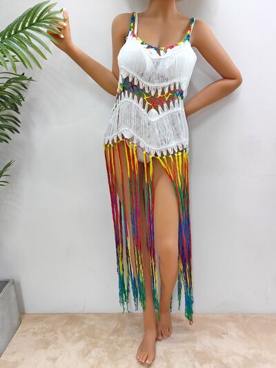 Fringe Scoop Neck Spaghetti Strap Cover-Up White One Size