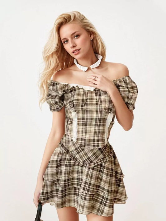 Plaid Puff Sleeve Top and Skirt Set Plaid